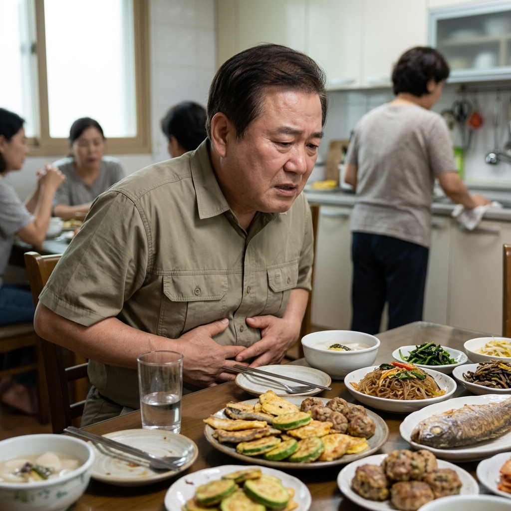 명절 음식 앞에서 배를 움켜쥐고 불편한 표情을 짓는 50대 중년
