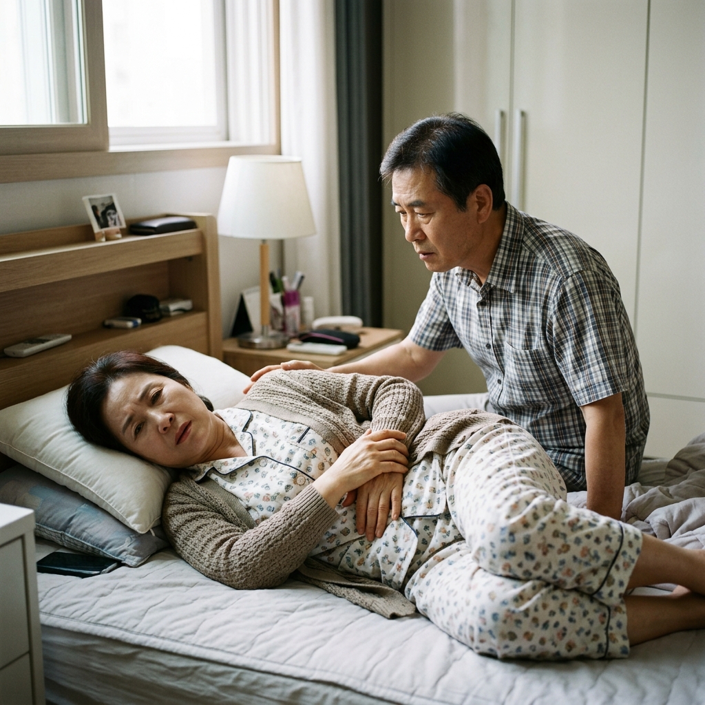 침대에 누워 배를 감싸 쥐고 있는 60대, 가족이 옆에서 걱정스럽게 지켜보는 장면