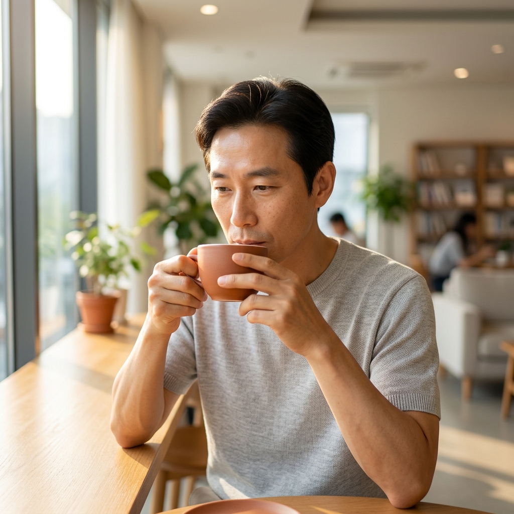 창가에 앉아 아침 햇볕을 쬐며 차를 마시는 60대 남성, 얇은 셔츠 차림, 밝은 실내 배경