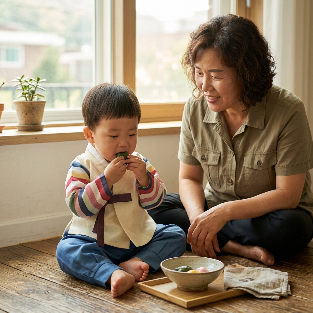 한복 입은 두 살 남자아이가 바닥에 앉아 어른이 잘라준 작은 송편 조각을 천천히 입에 넣는 모습, 보호자가 옆에서 지켜보고 있음, 실내 창가 햇살 따스함
