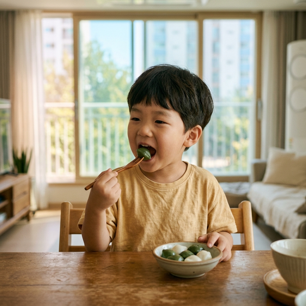 5세 남자아이가 식탁에 앉아 작은 송편 한 조각을 입에 넣으려는 모습, 밝은 색 반팔 티셔츠 차림, 창밖으로 초가을 햇빛이 들어오는 실내