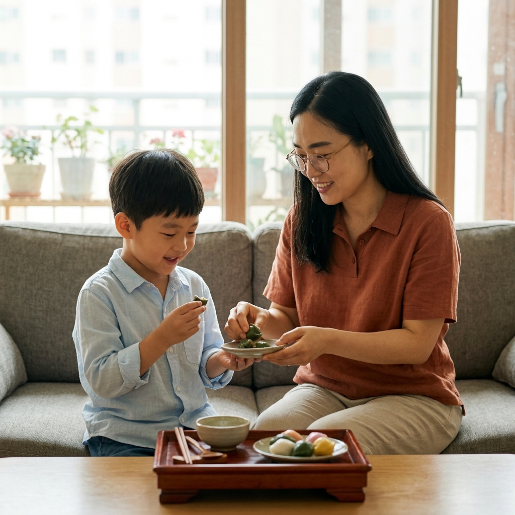 7세 남자아이가 거실 소파에 앉아 보호자와 함께 송편을 작은 조각으로 나눠 먹는 모습, 얇은 셔츠 차림, 창밖으로 가벼운 햇빛