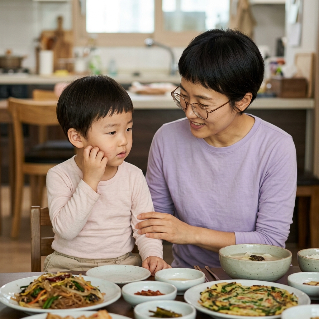 명절 음식상 앞에서 얼굴을 긁적이는 4세 아이를 살피는 보호자의 모습, 얇은 긴팔 차림, 실내 조명 아래 따뜻한 분위기