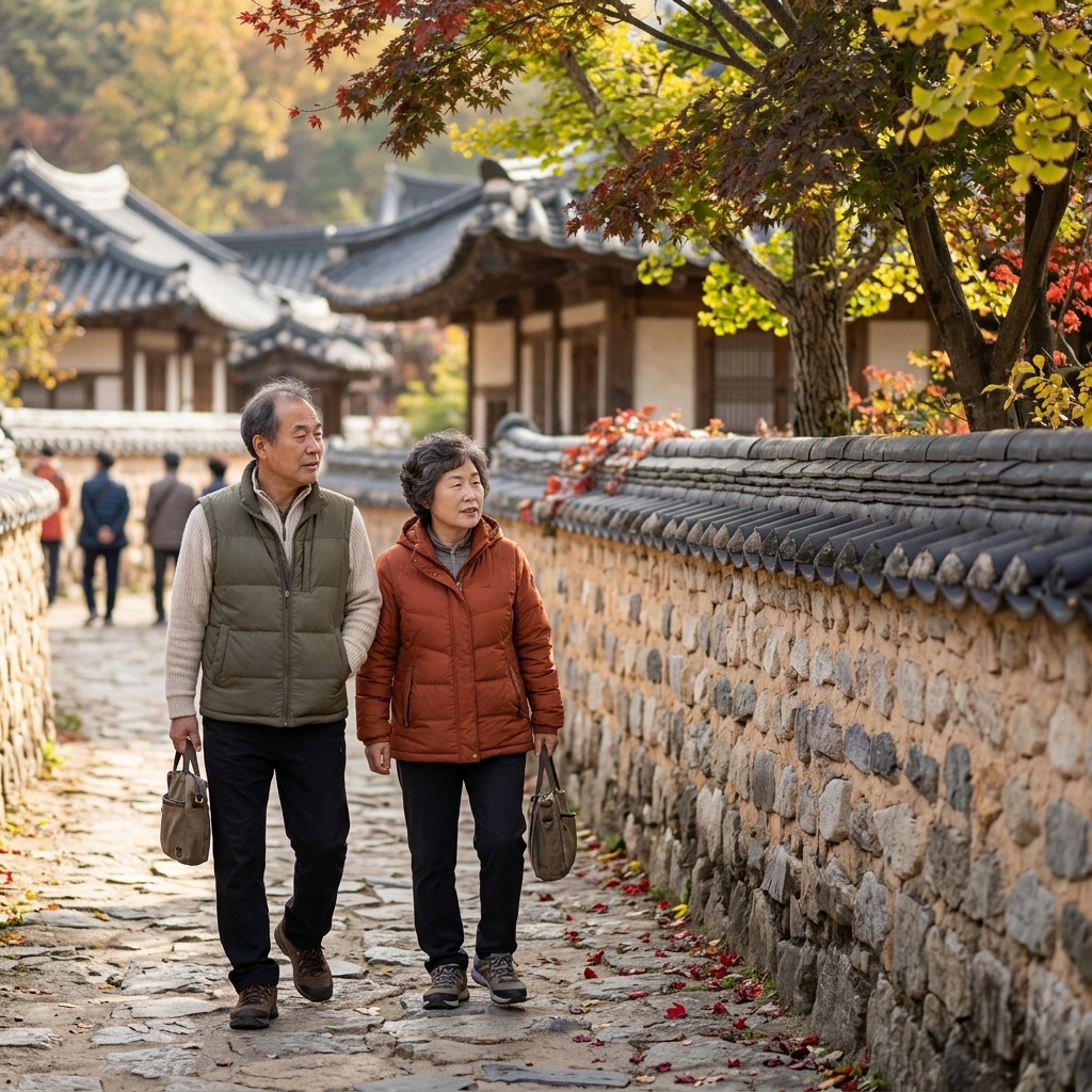 50대 중반 부부가 가을 햇살 아래 한옥마을 돌담길을 천천히 걸으며 주변을 둘러보는 모습