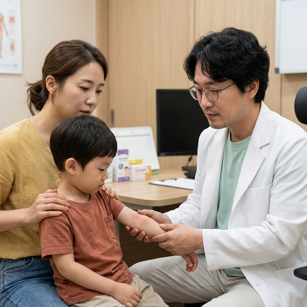 소아과 진료실에서 아이 팔 안쪽을 살피는 의료진과 보호자, 긴팔 셔츠 차림, 밝은 실내 조명