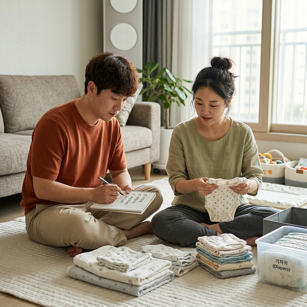30대 부부가 거실 바닥에 앉아 아기 기저귀와 옷가지를 정리하며 체크리스트를 확인하는 모습