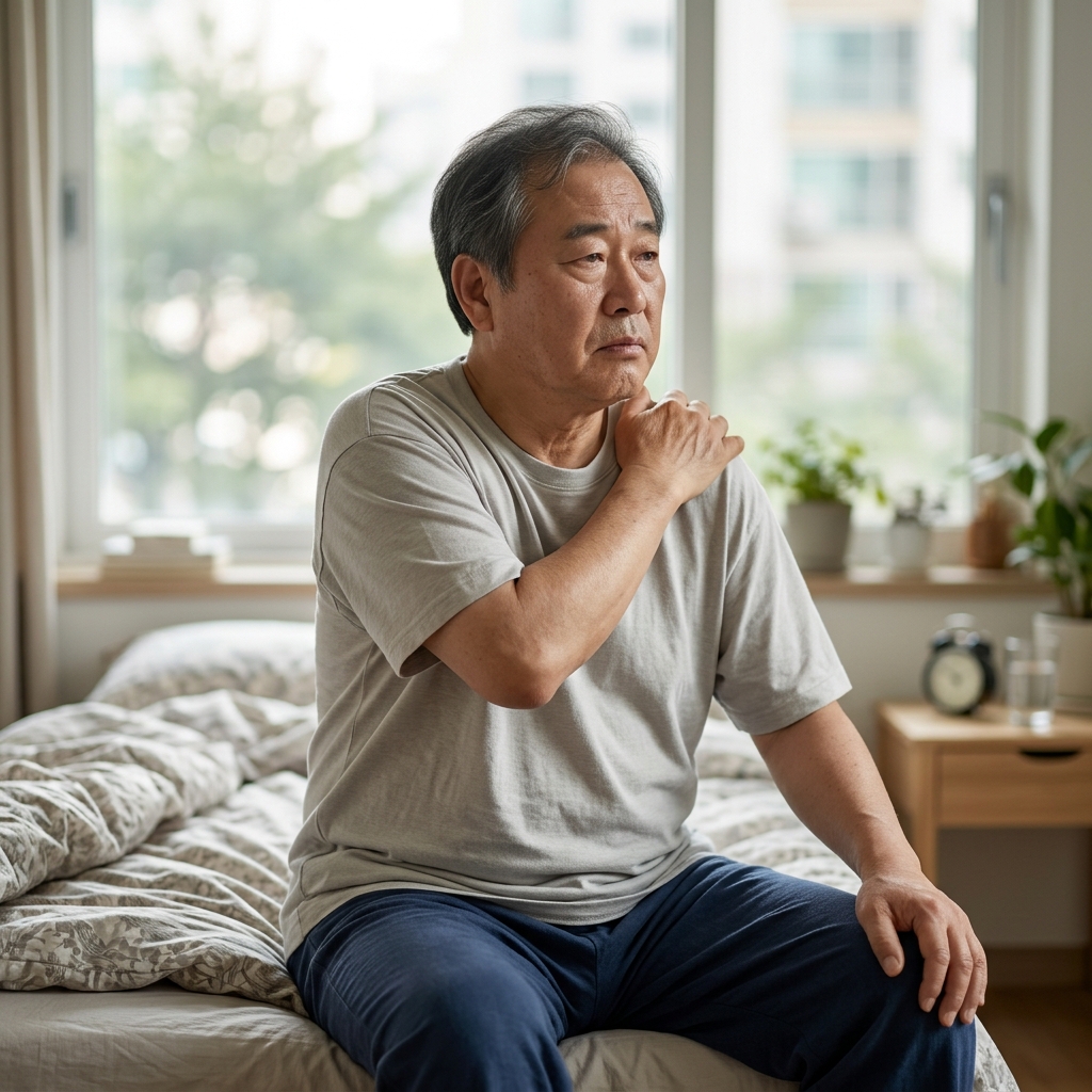 60대 중반 남성이 연휴 다음 날 아침, 침대에 앉아 어깨를 감싸 쥔 채 피곤한 표정으로 창밖을 바라보는 모습. 창문으로 아침 햇빛이 들어오고 있으며 실내는 밝은 편이다