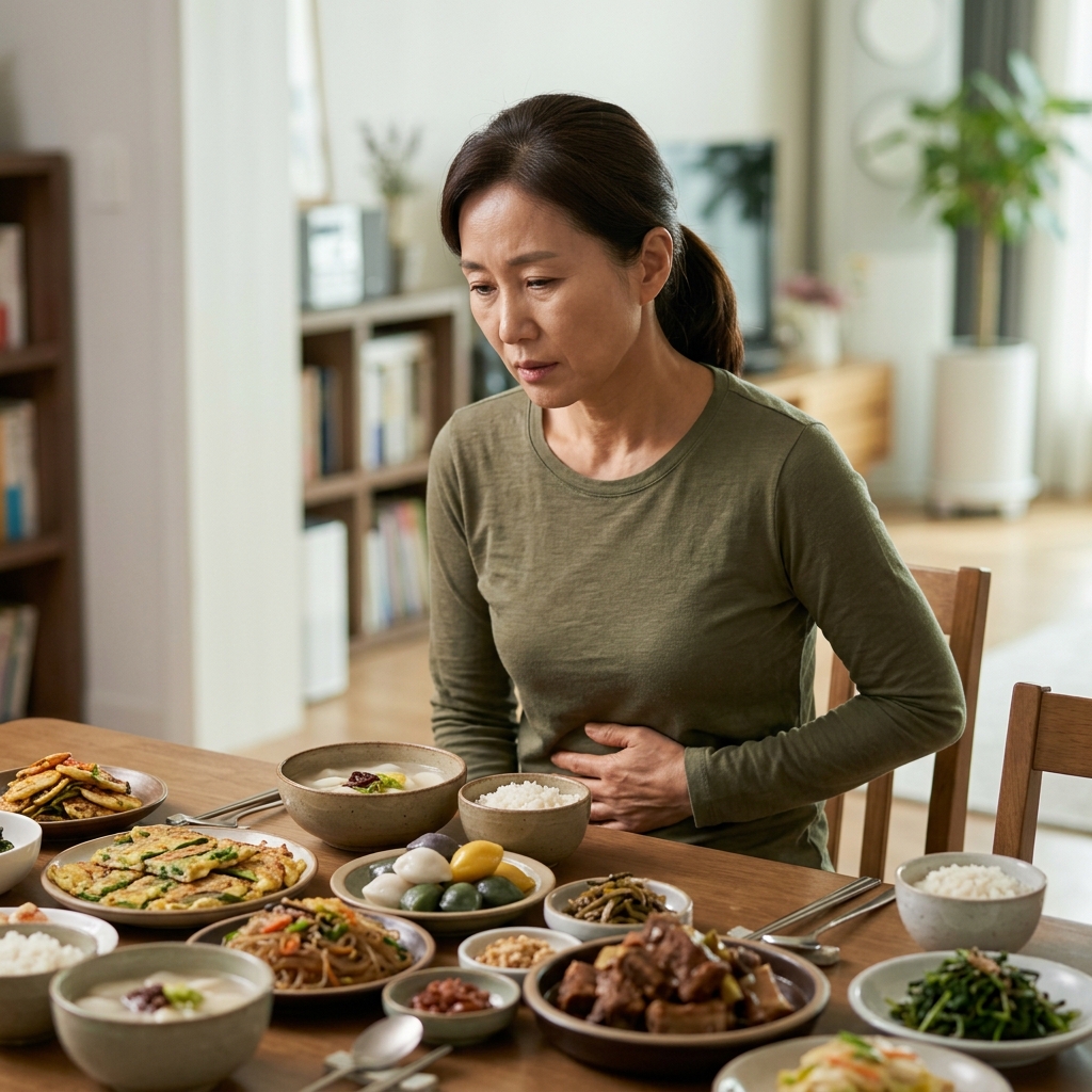 50대 여성이 명절 음식이 차려진 식탁 앞에 앉아 배를 살짝 감싸고 불편한 표정을 짓는 모습, 얇은 긴소매 상의