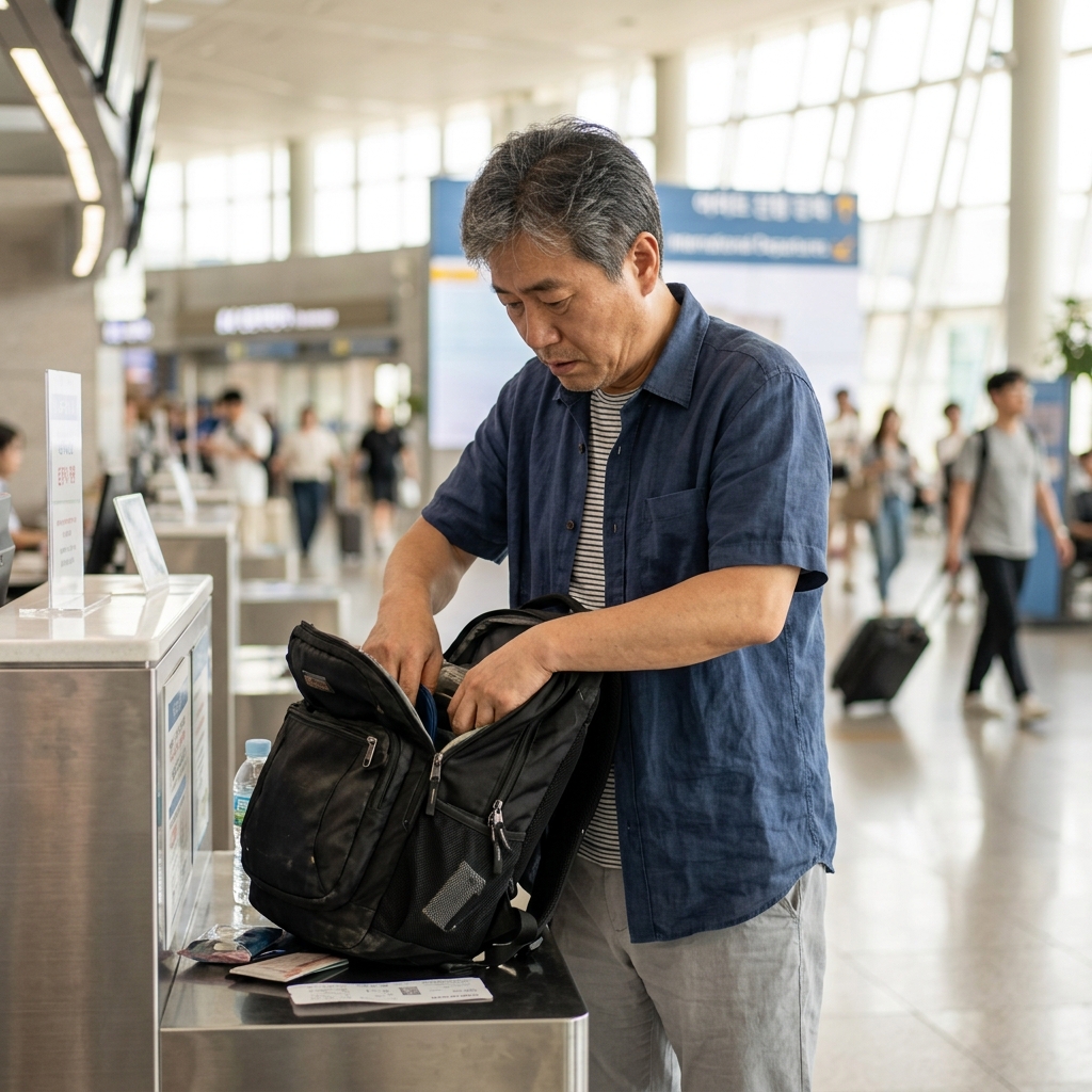 공항 출국장에서 여권을 찾느라 가방을 뒤지고 있는 중장년 여행객의 모습