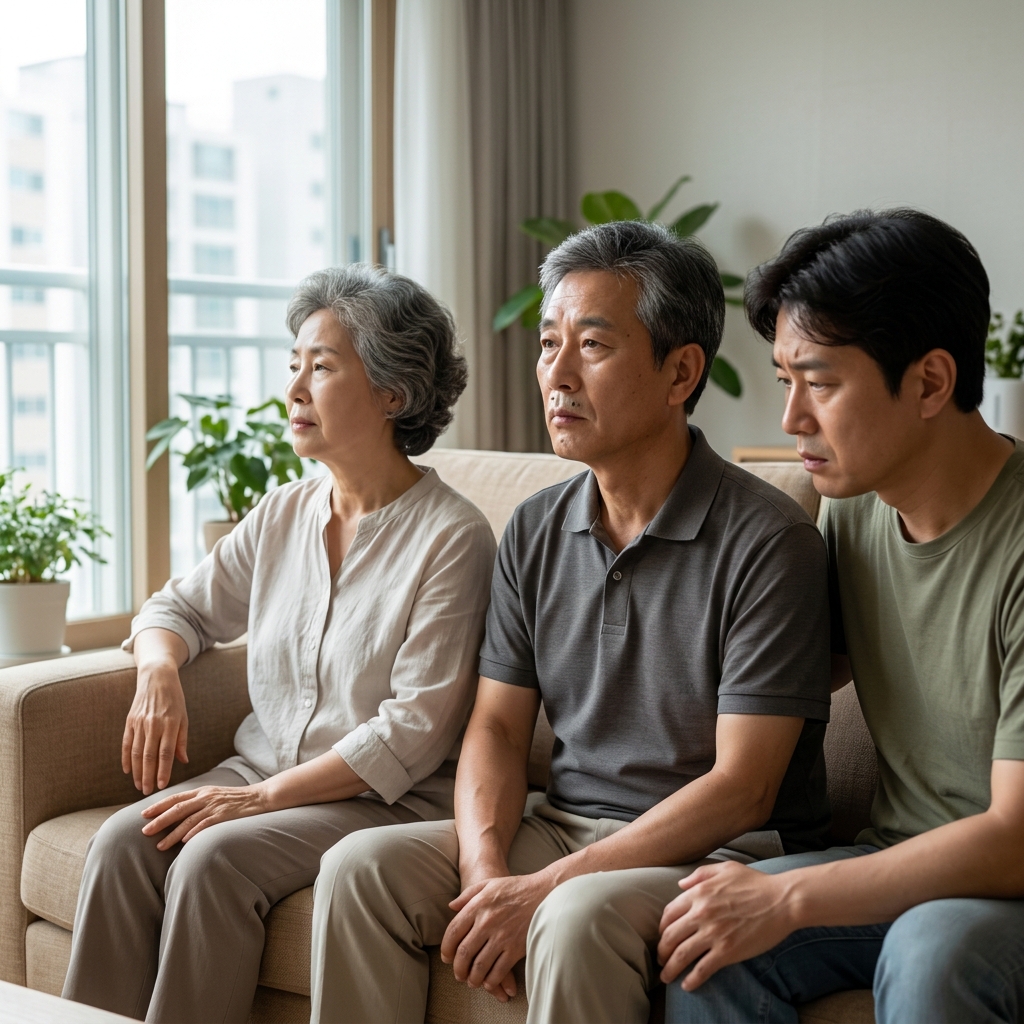 소파에 앉아 무기력한 표정으로 창밖을 바라보는 70대 부모님과 그 옆에서 걱정스럽게 지켜보는 40대 자녀의 실내 장면