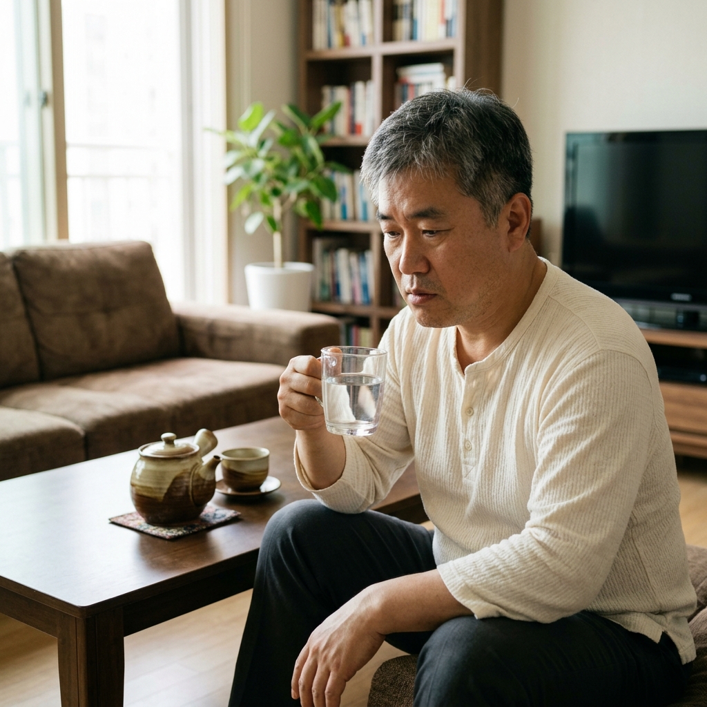 60대 중반 남성이 거실 소파에 앉아 물컵을 들고 있고, 테이블 위에 보리차 주전자가 놓여 있는 장면
