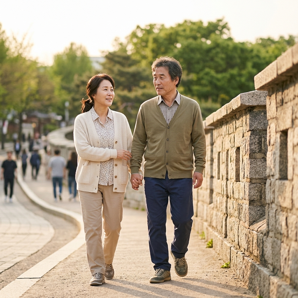해질녘 덕수궁 돌담길을 걷는 중장년 부부, 가벼운 카디건과 편한 신발 차림