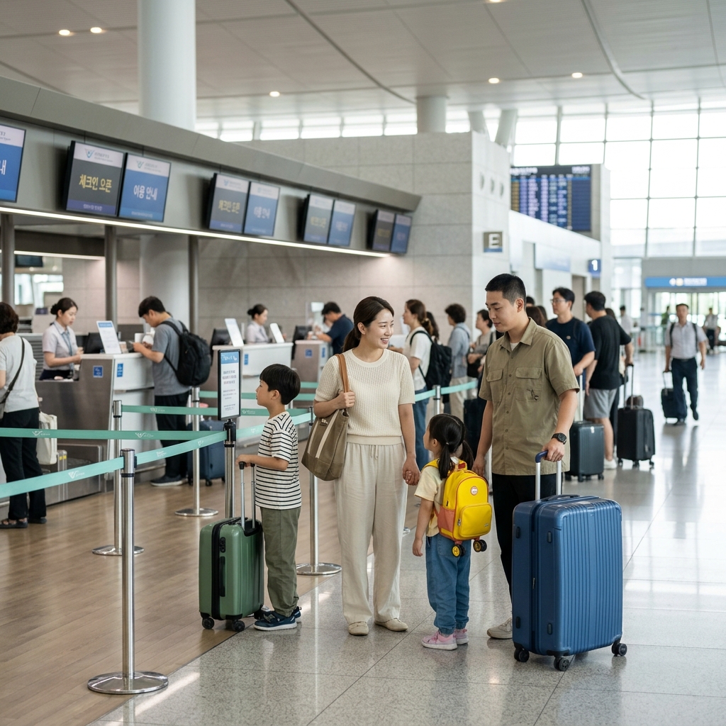 추석 연휴 인천공항 출국장에서 여행 가방을 끌고 체크인 카운터 앞에 줄 서 있는 가족 여행객들
