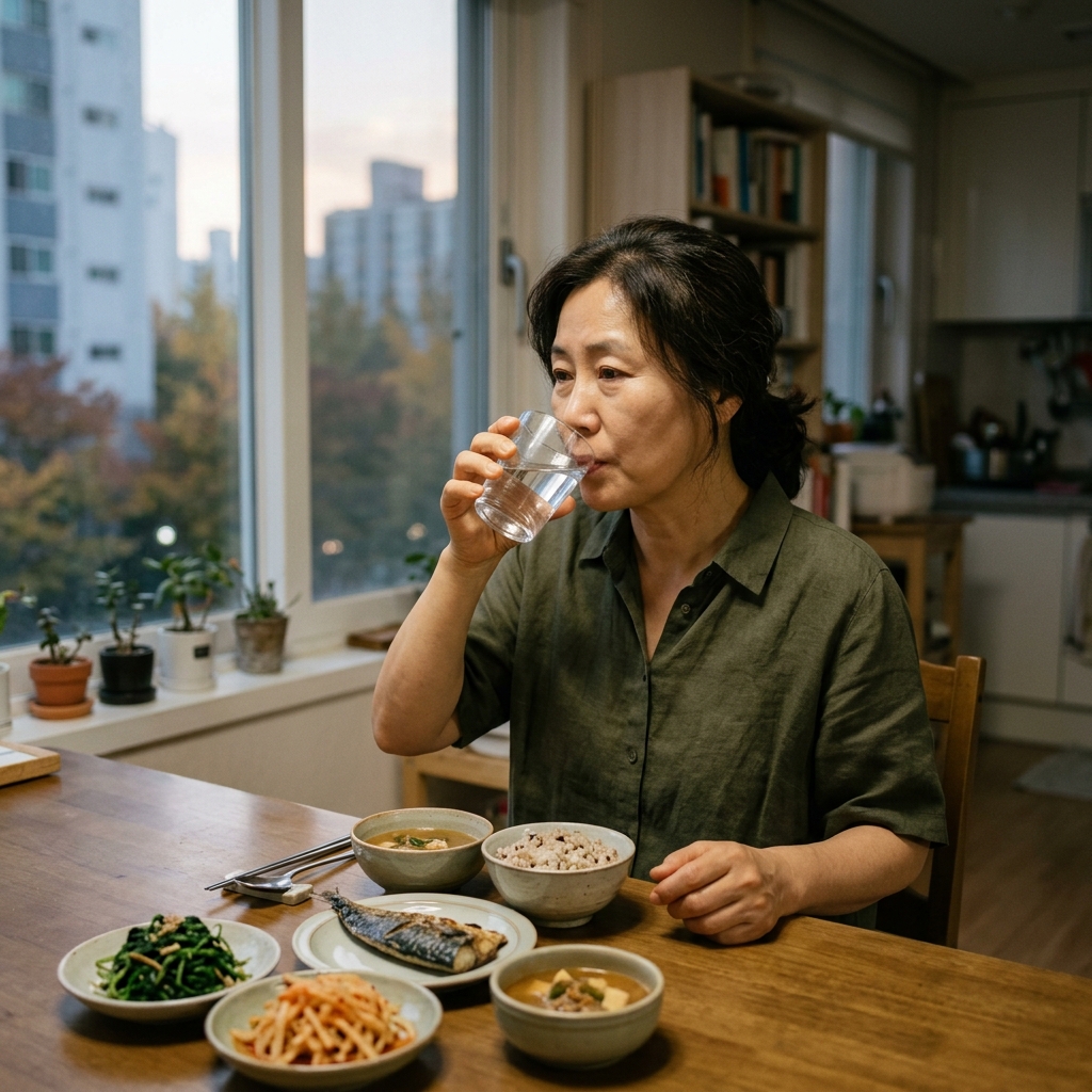 50대 중반 여성이 저녁 식탁에서 채소와 단백질 중심 반찬을 앞에 두고 물 한 잔을 들어 마시는 모습, 창밖으로 가을 저녁 빛이 들어오는 실내