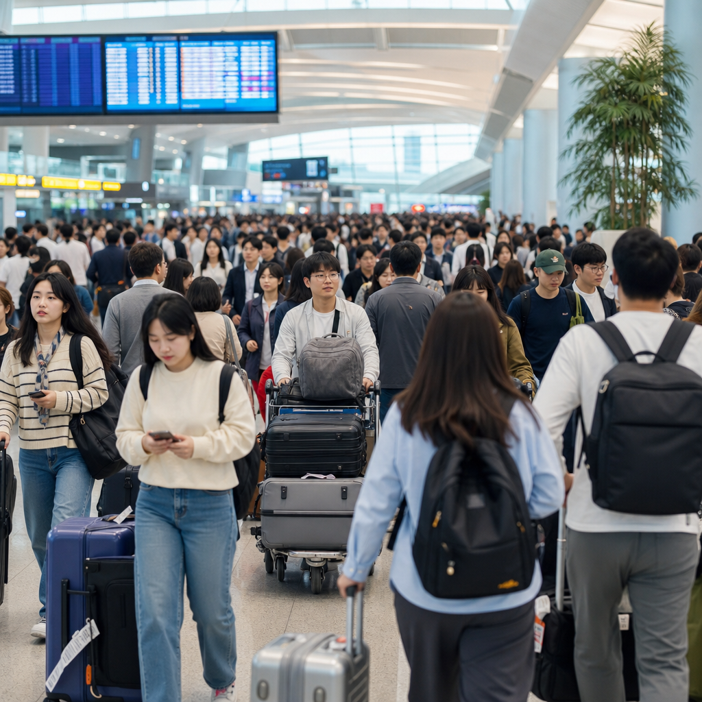 추석 연휴 공항 청사 내부의 붐비는 여행객들