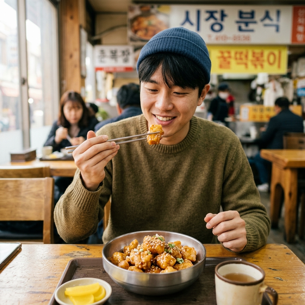 한국인 청년이 실내 테이블에서 바삭하게 튀긴 떡볶이 위에 꿀소스가 코팅된 한입 크기 꿀떡볶이를 젓가락으로 집어 먹는 자연스러운 일상 장면