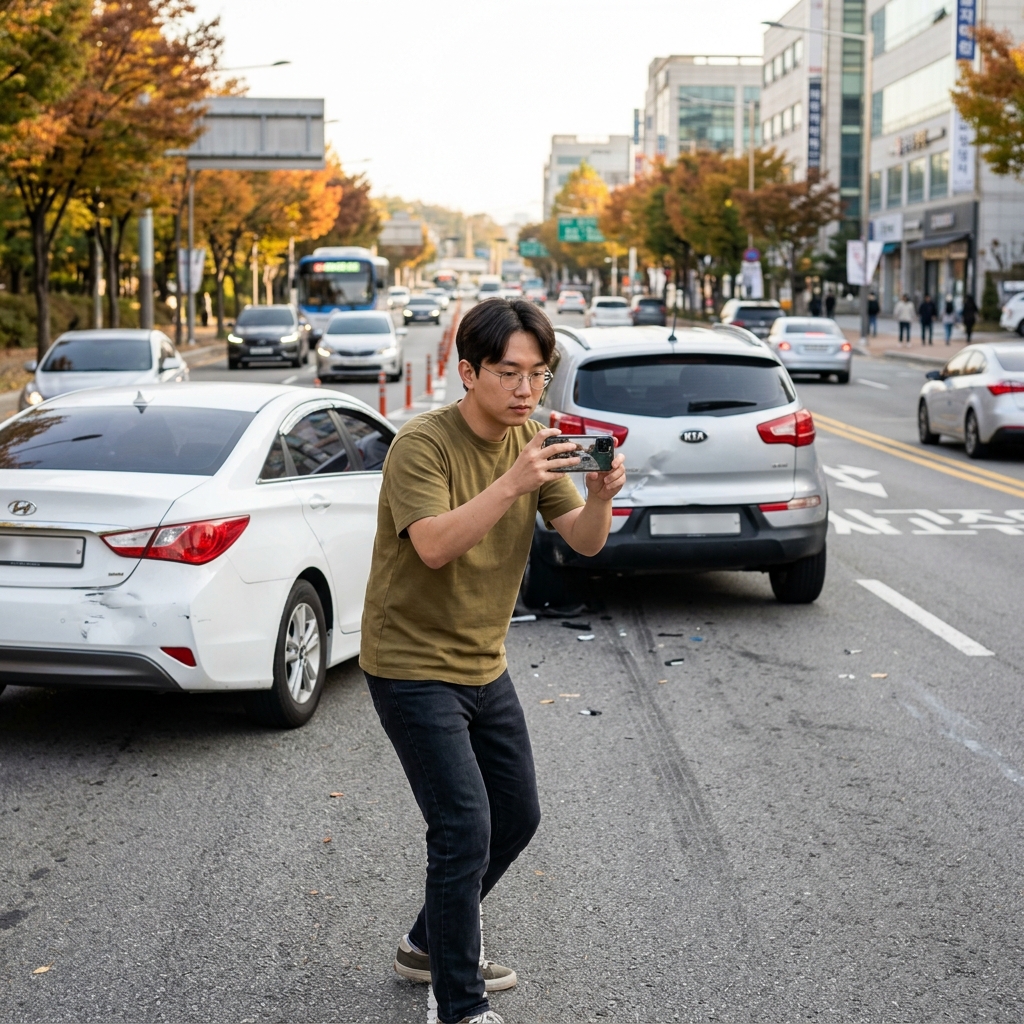 교통사고 현장에서 스마트폰으로 차량 전체와 도로 상황을 촬영하는 운전자의 모습