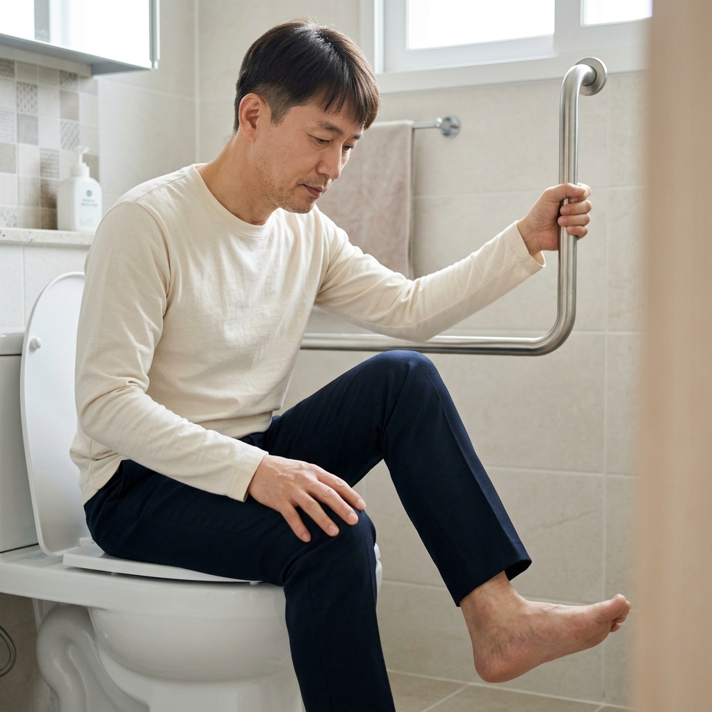중년 여성이 화장실에서 일어서기 전 변기 옆 손잡이를 잡고 앉아서 발목을 천천히 움직이는 모습
