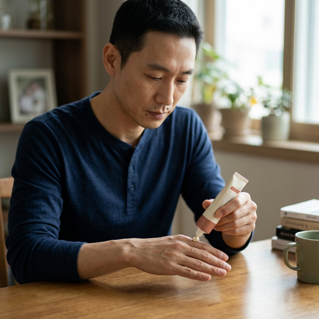 핸드크림을 손톱 주변에 바르는 모습, 실내 밝은 조명, 긴소매 상의