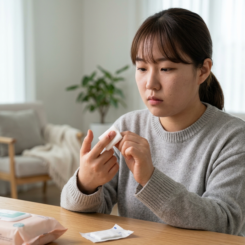손가락 끝 작은 상처에 깨끗한 거즈를 대고 압박 지혈하는 장면, 실내 조명 아래