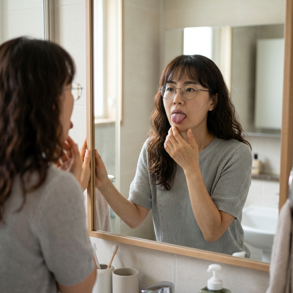 거울 앞에서 혀 상태를 확인하는 중년 남성, 밝은 조명 아래 반소매 셔츠 차림
