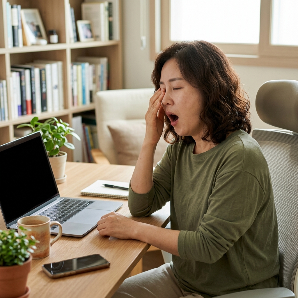 책상 앞에서 하품하며 눈가를 닦는 40대 직장인, 실내 조명 아래 편안한 복장