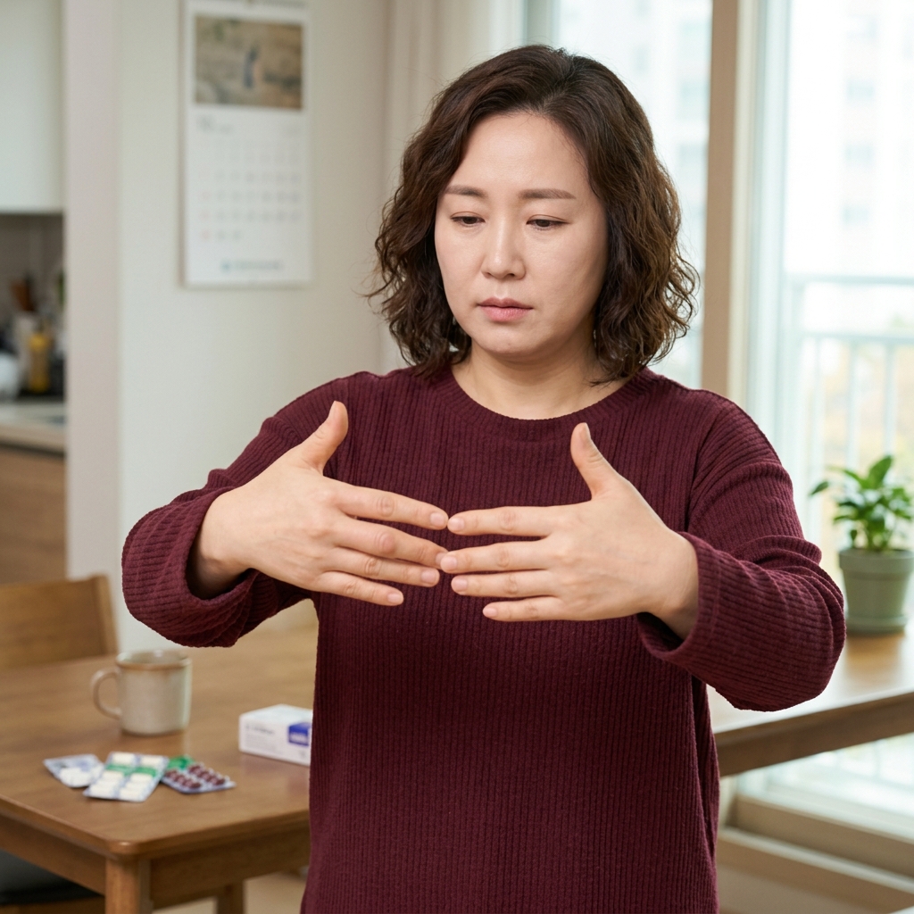 양손을 펴서 비교하며 손가락 관절 붓기를 확인하는 장면