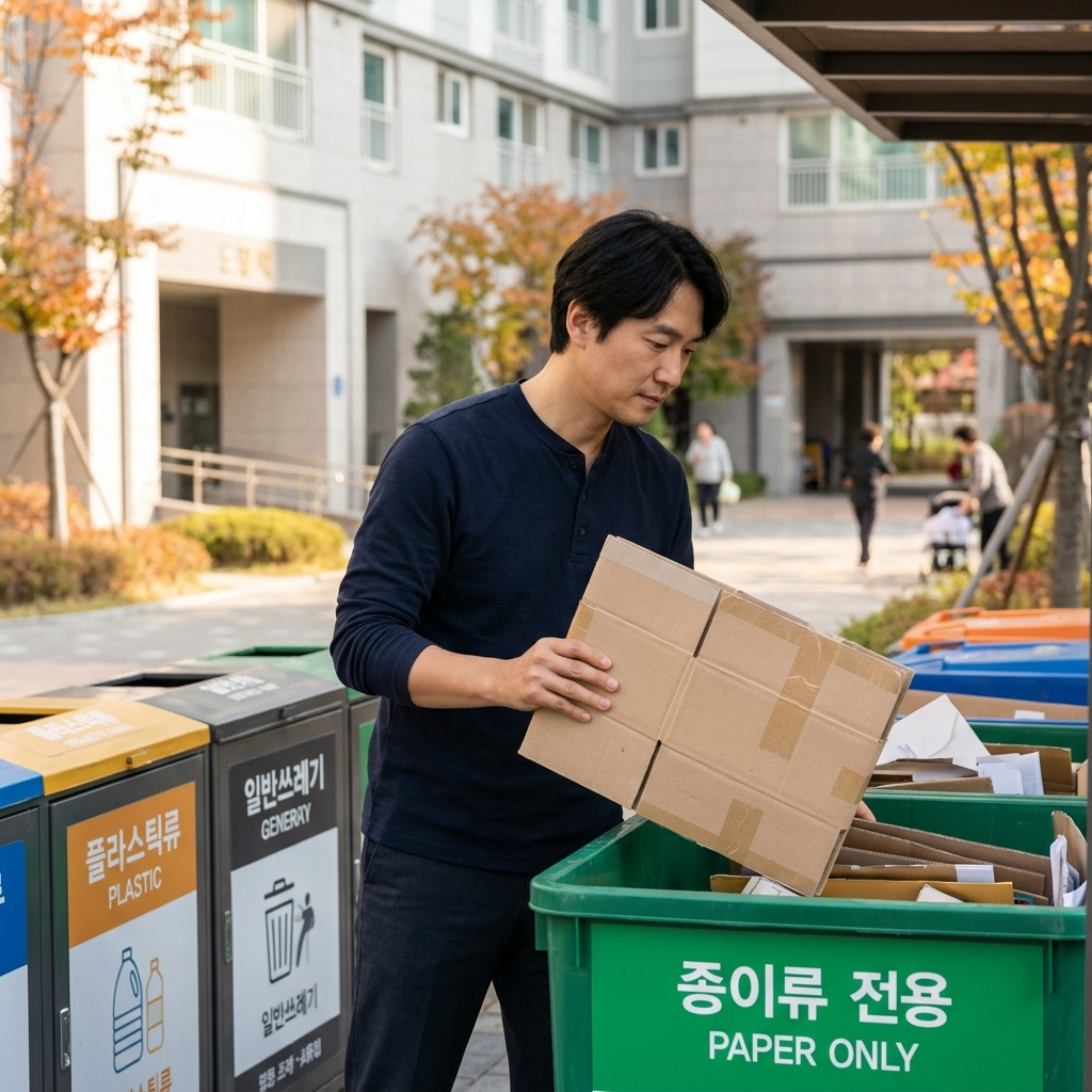 택배 상자를 납작하게 접어 종이류 분리수거함 앞에 놓고 있는 모습, 아파트 분리수거장 배경