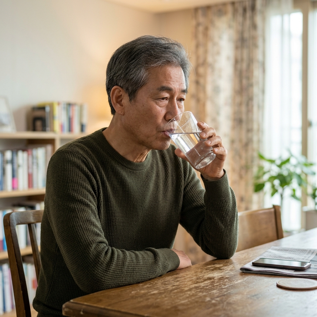 물잔을 들고 물을 마시는 70대 초반 남성의 실내 모습
