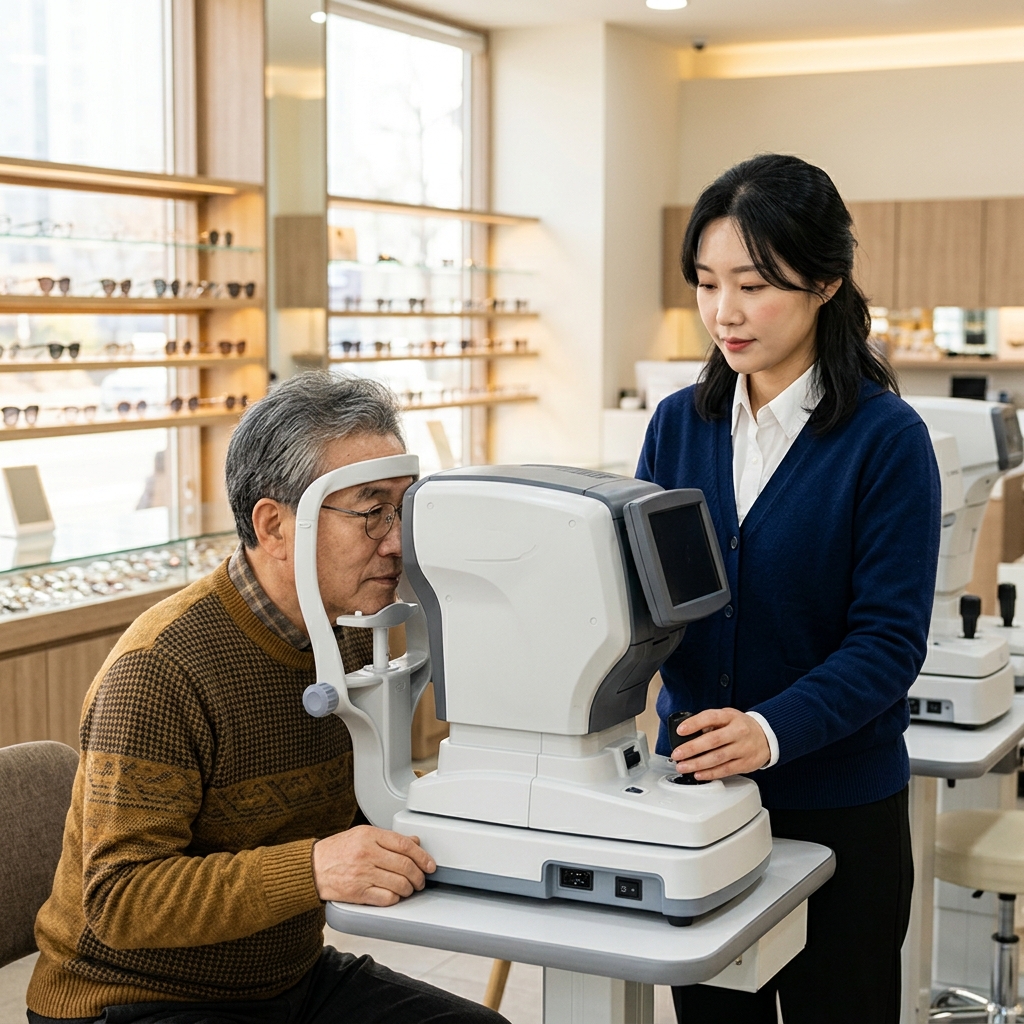 안경원 검안실에서 60대 남성이 의자에 앉아 검안 기기 앞에 얼굴을 대고 있고, 안경사가 옆에서 기기를 조정하는 모습, 실내 조명은 밝고 뒤쪽 선반에 다양한 안경테가 진열되어 있음