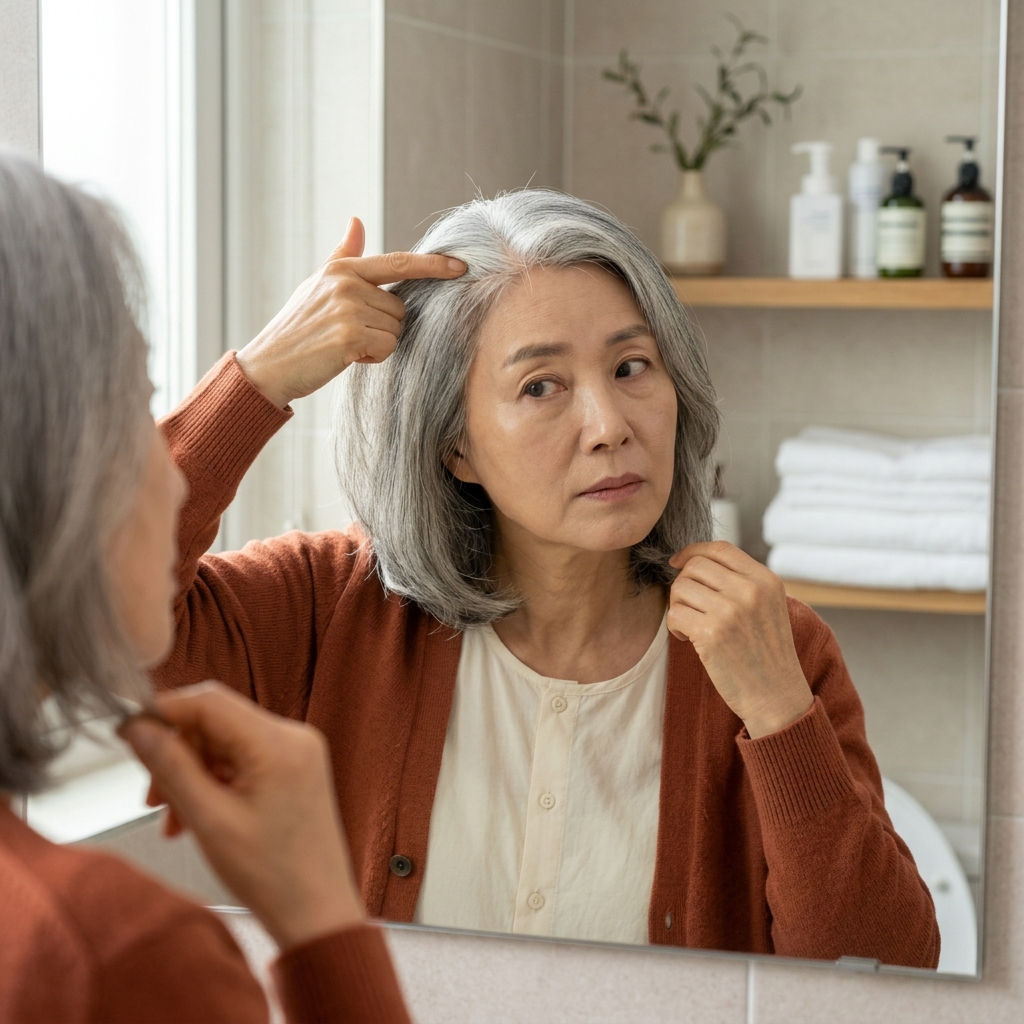 거울 앞에서 뿌리 부분만 가리키며 새치를 확인하는 60대 중반 여성, 옅은 회색 머리카락 사이로 흰 새치가 섞인 모습