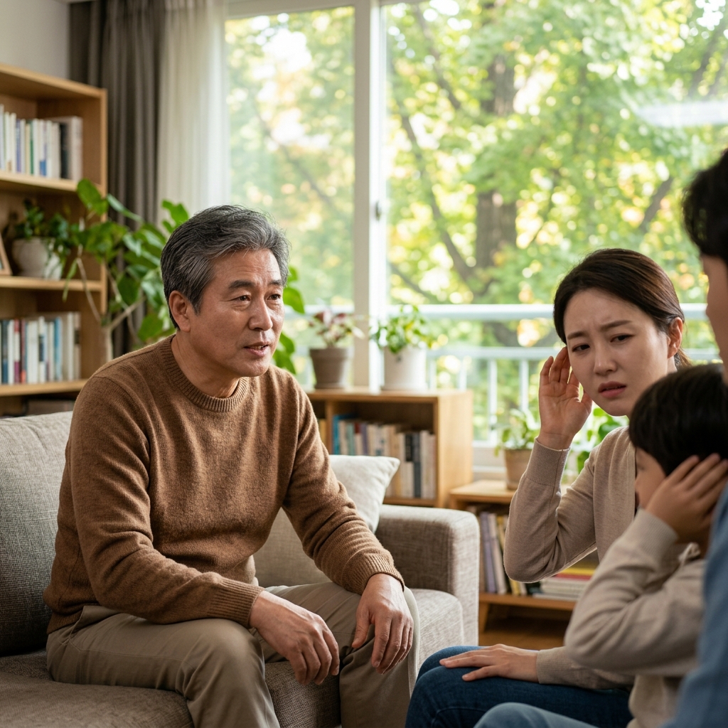 60대 후반 남성이 거실 소파에 앉아 가족과 대화하는 장면, 가족이 손으로 귀를 가리는 듯한 표정을 짓고 있고 본인은 평온한 표정으로 말하는 모습, 창밖으로 보이는 밝은 햇살과 녹음