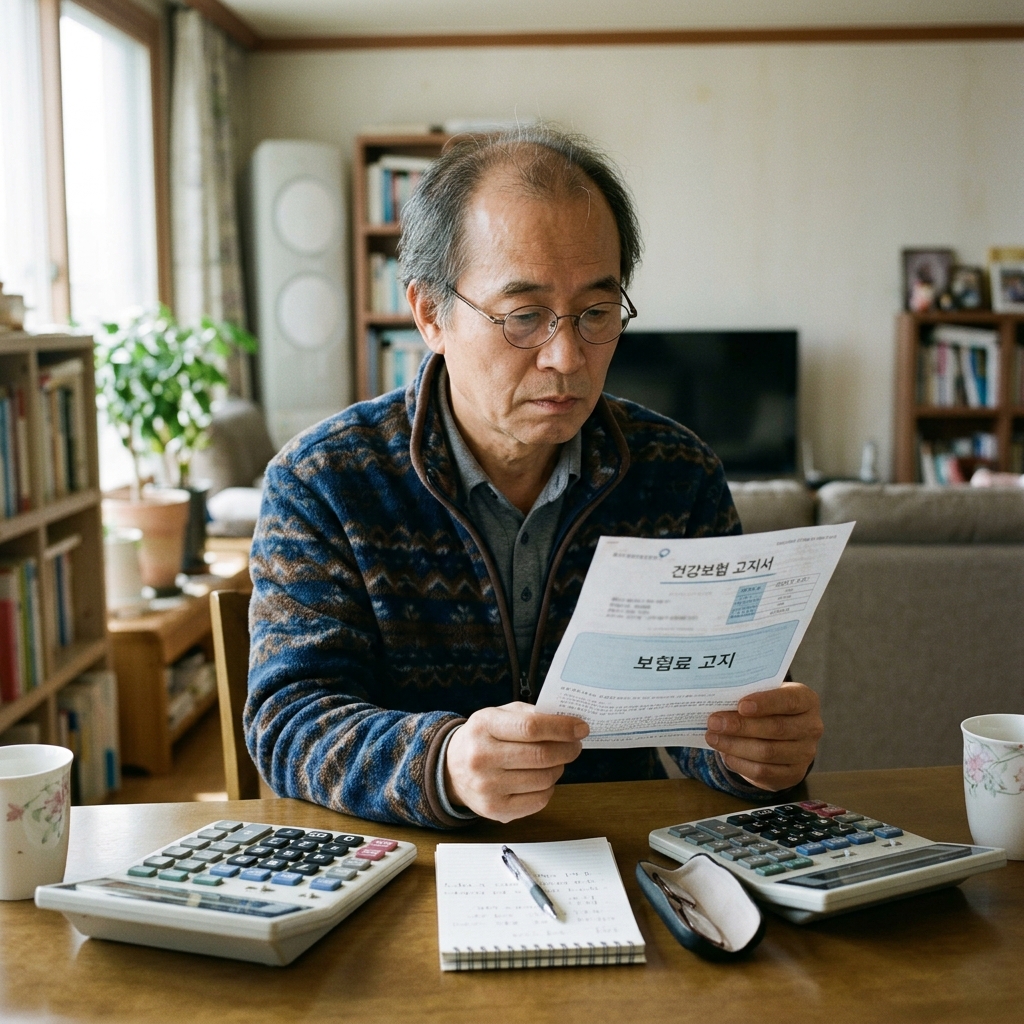 60대 중반 남성이 집 거실 테이블에 앉아 건강보험 고지서를 들고 있고, 옆에는 계산기와 메모지가 놓여 있는 모습