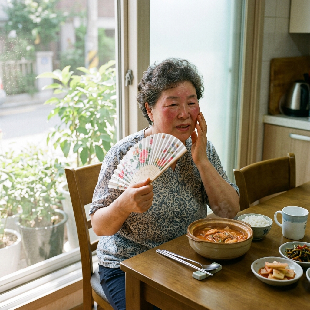 60대 후반 여성이 식탁에 앉아 매운 찌개 앞에서 얼굴을 부채질하며 붉어진 볼을 손으로 만지는 모습, 창밖으로 보이는 초여름 햇살