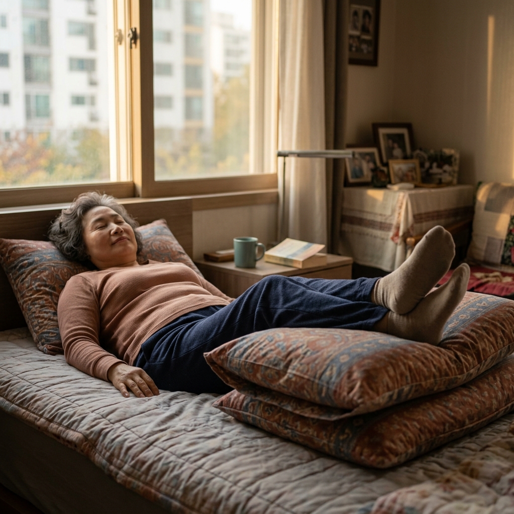 60대 여성이 집 침대에 누워 다리를 베개 위에 올려놓고 쉬고 있는 모습, 종아리와 발목 부위가 화면 중심에 보이고 창밖으로 저녁 빛이 들어오는 실내 장면