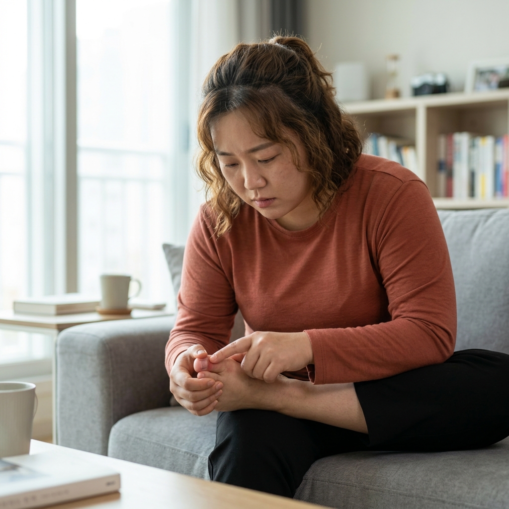 50대 중반 성인이 거실 소파에 앉아 엄지발가락 옆 살이 빨갛게 부은 부위를 손가락으로 가볍게 눌러 확인하는 장면, 얇은 긴팔 티셔츠 착용, 실내 조명