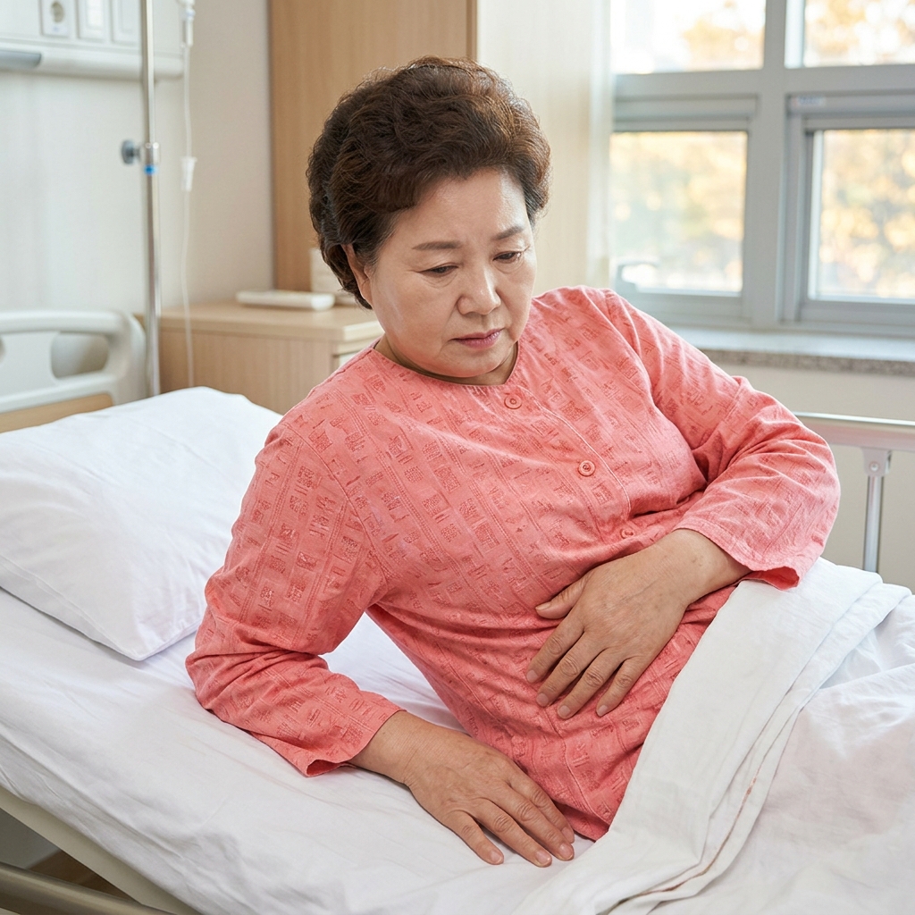 70대 환자가 복부 통증을 호소하며 병원 침대에 누워 있는 장면