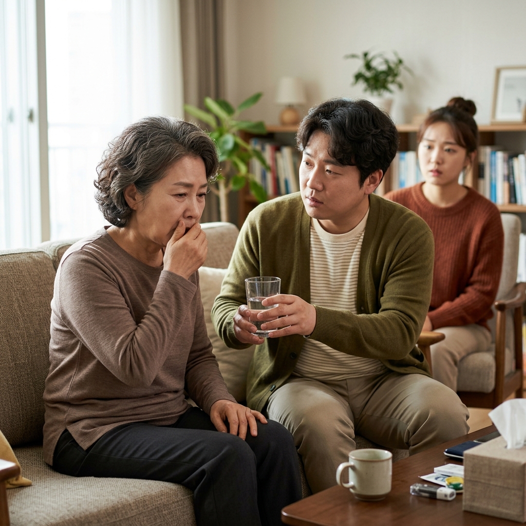 소파에 앉아 한 손으로 입을 가리고 있는 60대 중반 여성, 옆에 있는 가족이 물컵을 건네는 실내 장면