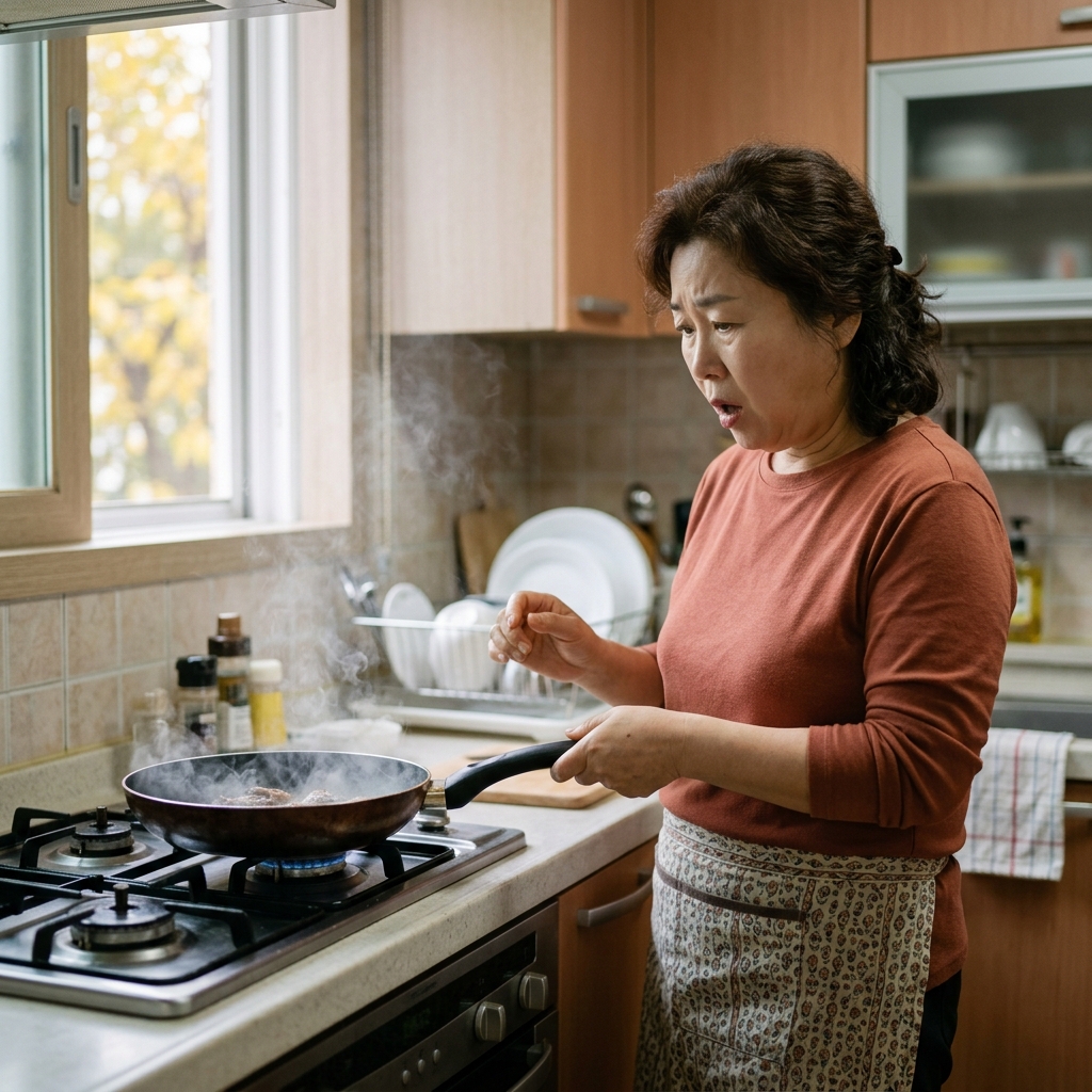 중장년 여성이 주방 가스레인지 앞에서 프라이팬 손잡이를 잡고 있으나 팬에서 연기가 피어오르며 당황한 표정으로 뒤로 몸을 빼는 장면