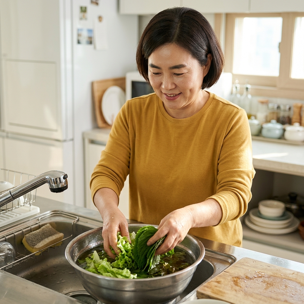 50대 중반 여성이 주방 싱크대 앞에 서서 큰 볼에 담긴 상추와 깻잎을 손으로 살살 저으며 물에 담가 씻고 있는 모습