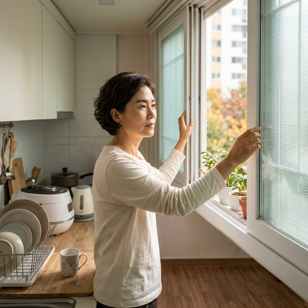 주방 창문을 손으로 활짝 열고 있는 60대 여성의 모습