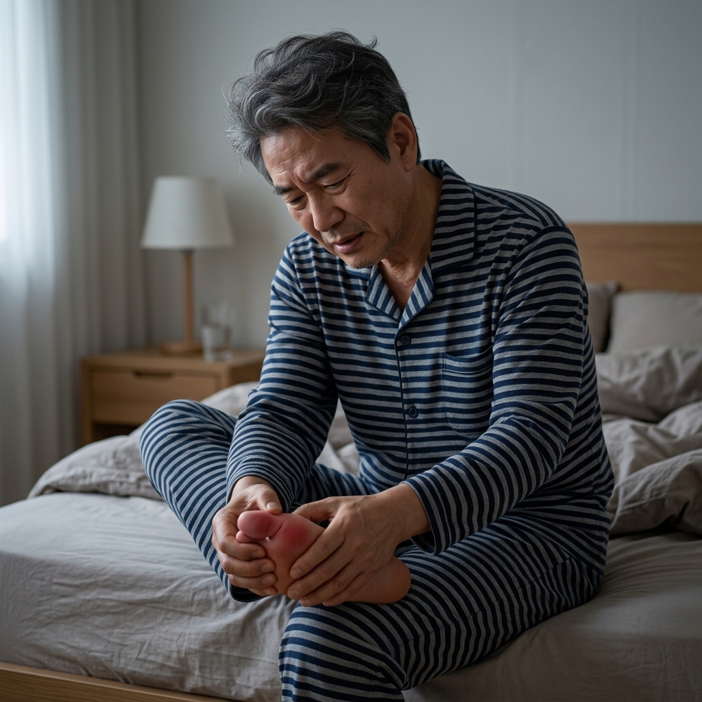 침대에서 막 일어난 60대 중반 남성이 한쪽 발 엄지발가락을 붙들고 찌푸린 표정을 짓고 있는 모습. 발가락 부위는 붉게 보이며, 주변은 어두운 새벽 실내