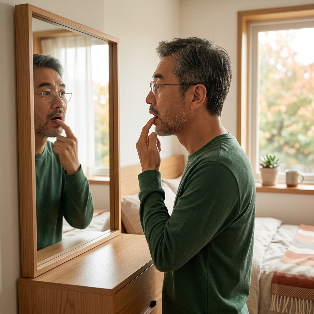 거울을 보며 손가락으로 입안을 살피고 있는 60대 후반 성인의 옆모습, 침대 헤드와 창가에 부드러운 아침 햇살이 들어오는 실내 장면