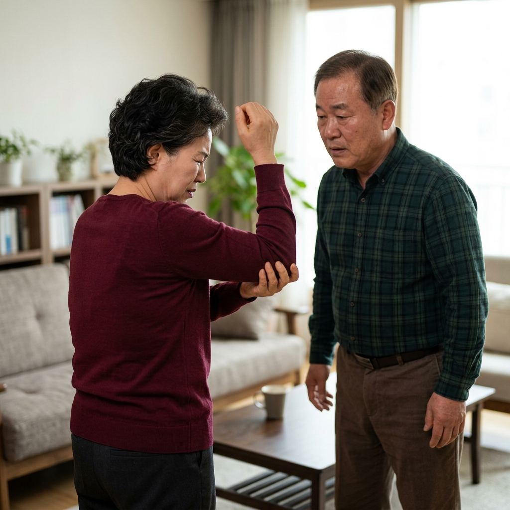 50대 후반 여성이 어깨 통증으로 팔을 들지 못하는 모습을 보호자가 옆에서 관찰하는 실내 장면, 긴 소매 상의, 자연광