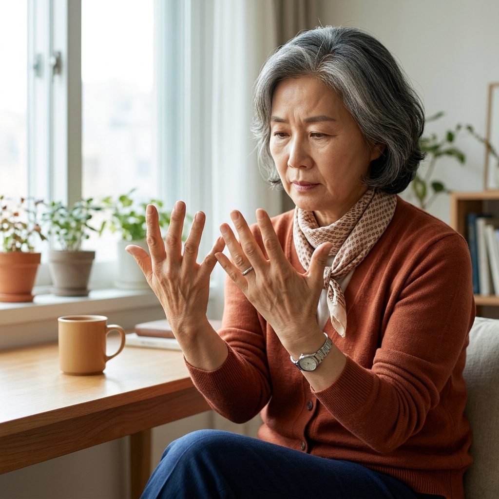 60대 후반 여성이 밝은 실내에서 양손을 펴 손가락 마디를 비교하며 살피는 모습, 손목과 중간마디 부위에 시선이 집중되어 있고 창밖으로 부드러운 자연광이 들어오는 장면