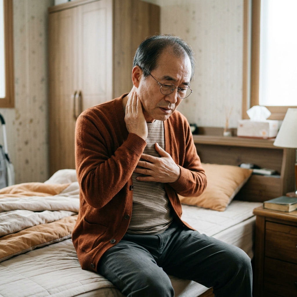 흉부 불편감을 호소하며 목 부위를 손으로 눌러보는 70대 남성의 모습, 실내 조명 아래 침대 옆에 앉아 있는 장면