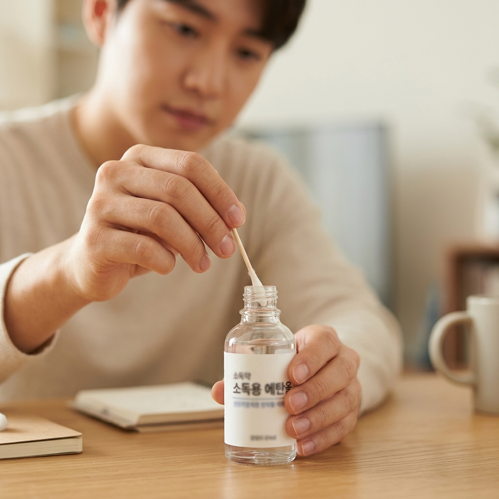 손에 든 미세 면봉 끝에 알코올을 살짝 적시는 클로즈업 장면
