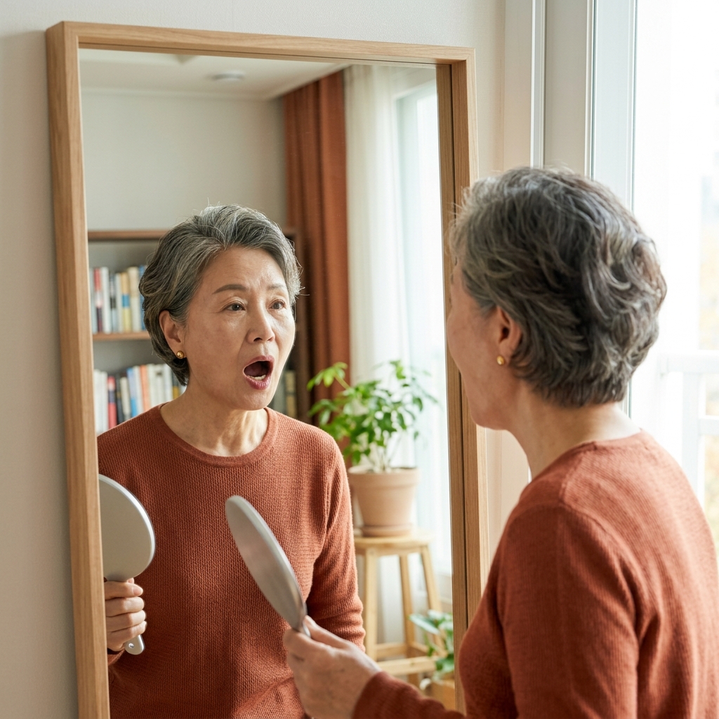 70대 여성이 거울 앞에서 입을 크게 벌려 '아' 발음을 하며 얼굴 근육을 움직이는 모습, 실내 창가의 밝은 자연광