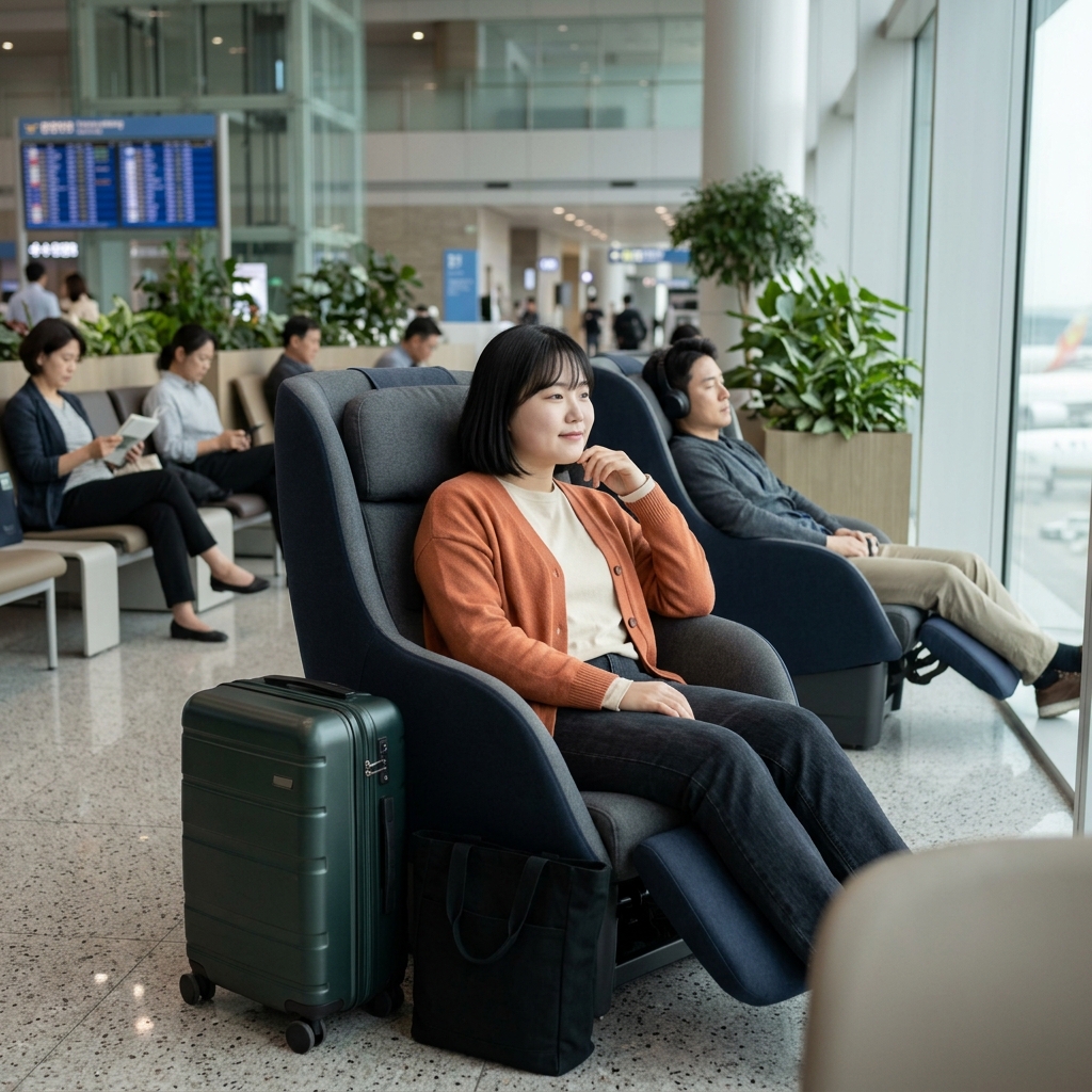 인천공항 터미널 내부 휴게실에서 편안하게 쉬고 있는 여행객들