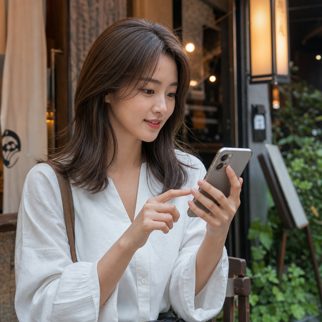 스마트폰으로 네이버 플레이스에서 일본 맛집을 검색하며 예약 버튼을 확인하는 한국인 여성의 모습